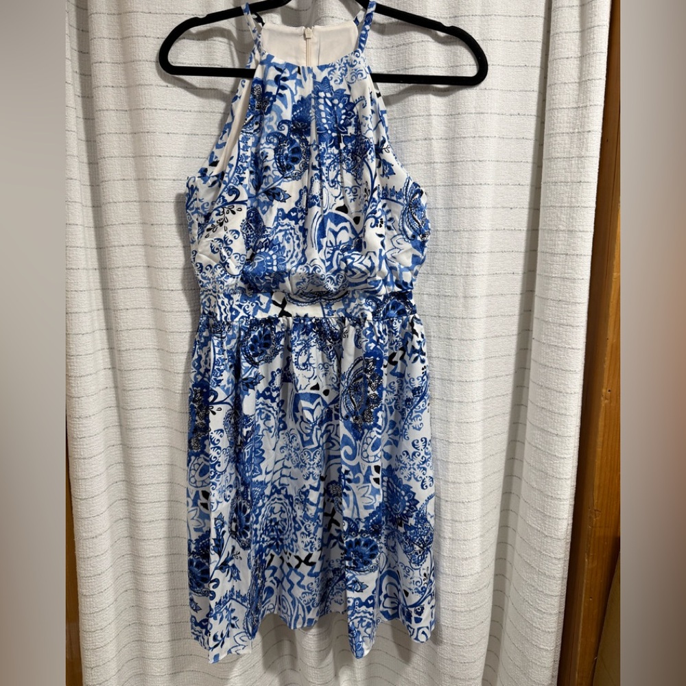 Chic Blue and White Halter Midi Dress